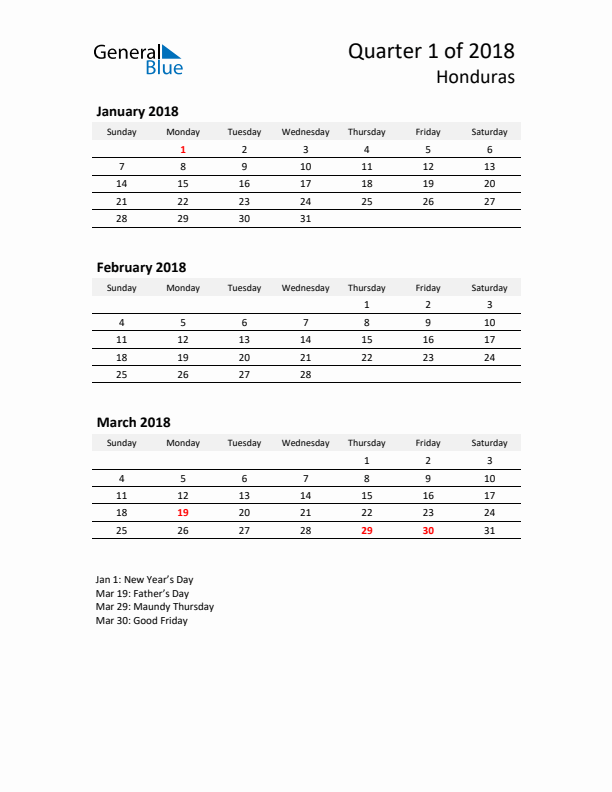 2018 Q1 Three-Month Calendar for Honduras