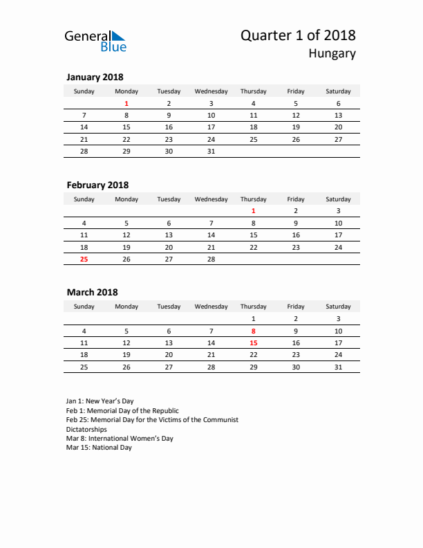 2018 Q1 Three-Month Calendar for Hungary