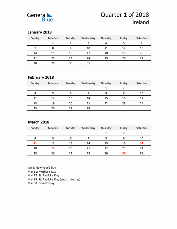 2018 Q1 Three-Month Calendar for Ireland