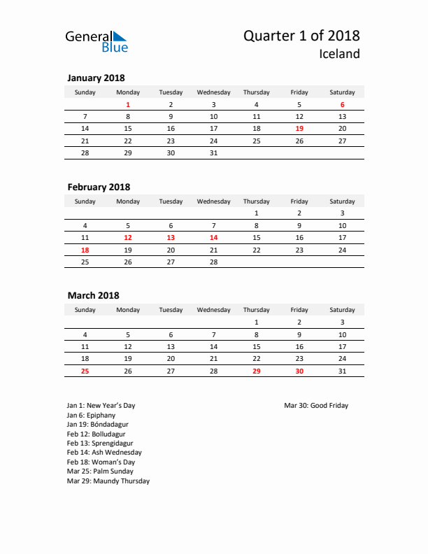 2018 Q1 Three-Month Calendar for Iceland