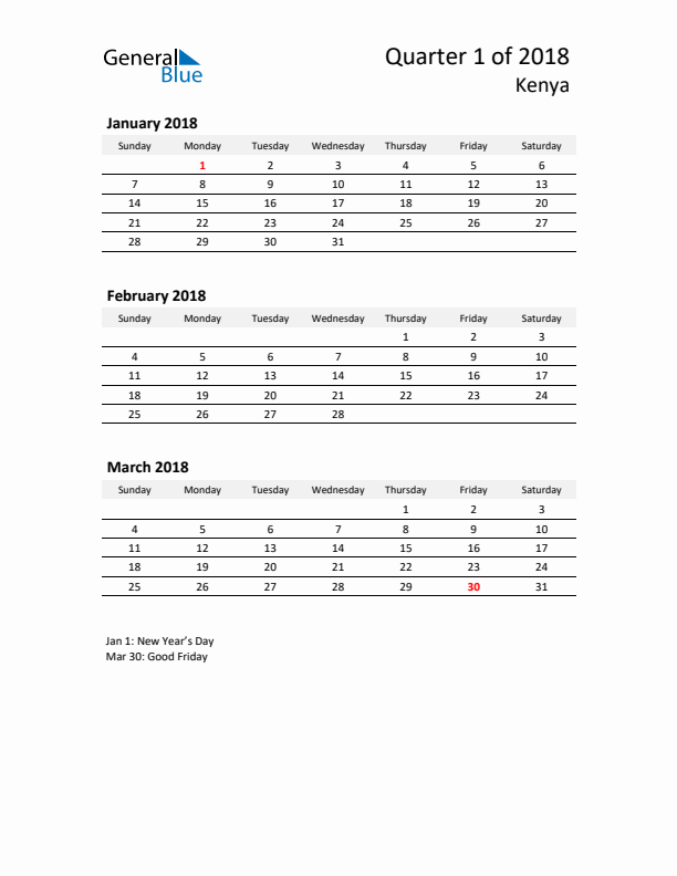 2018 Q1 Three-Month Calendar for Kenya