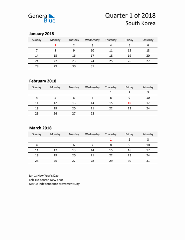 2018 Q1 Three-Month Calendar for South Korea