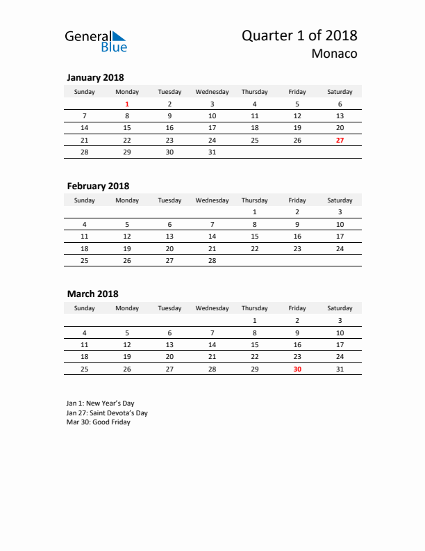 2018 Q1 Three-Month Calendar for Monaco