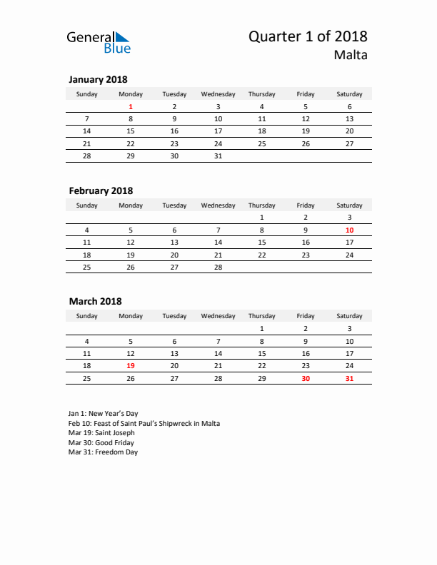 2018 Q1 Three-Month Calendar for Malta