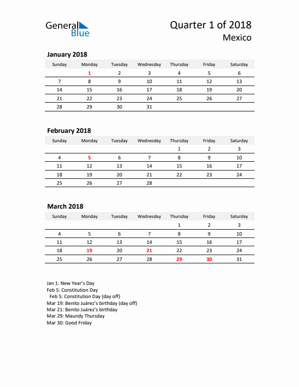 2018 Q1 Three-Month Calendar for Mexico