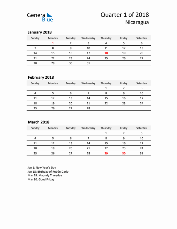 2018 Q1 Three-Month Calendar for Nicaragua