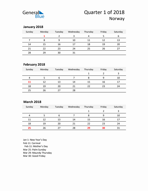 2018 Q1 Three-Month Calendar for Norway