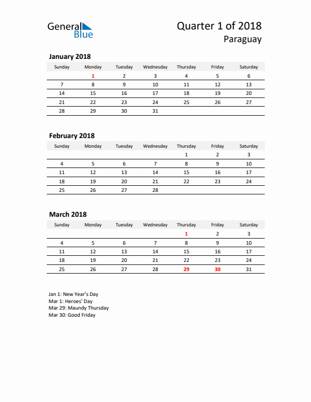 2018 Q1 Three-Month Calendar for Paraguay