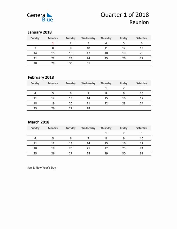 2018 Q1 Three-Month Calendar for Reunion