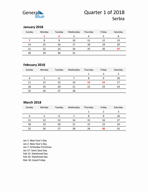 2018 Q1 Three-Month Calendar for Serbia