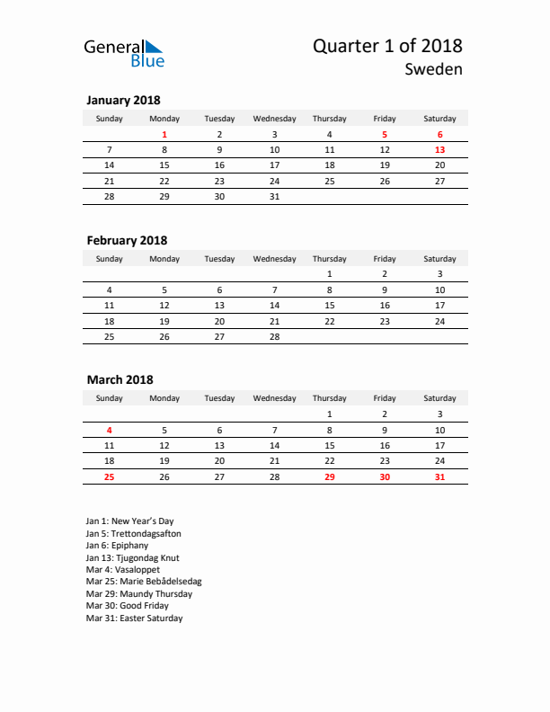 2018 Q1 Three-Month Calendar for Sweden