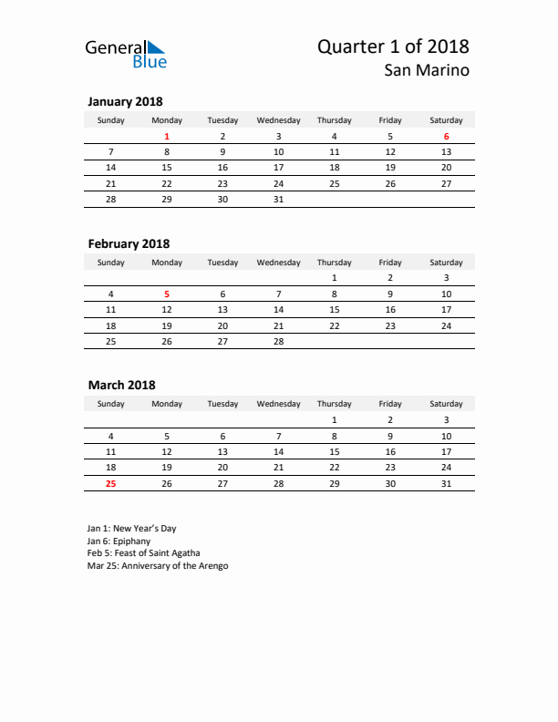 2018 Q1 Three-Month Calendar for San Marino