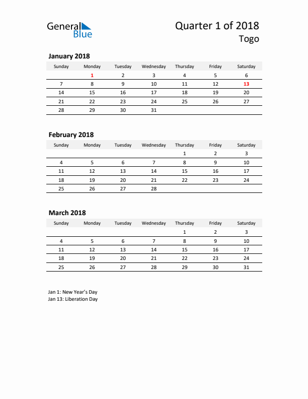 2018 Q1 Three-Month Calendar for Togo