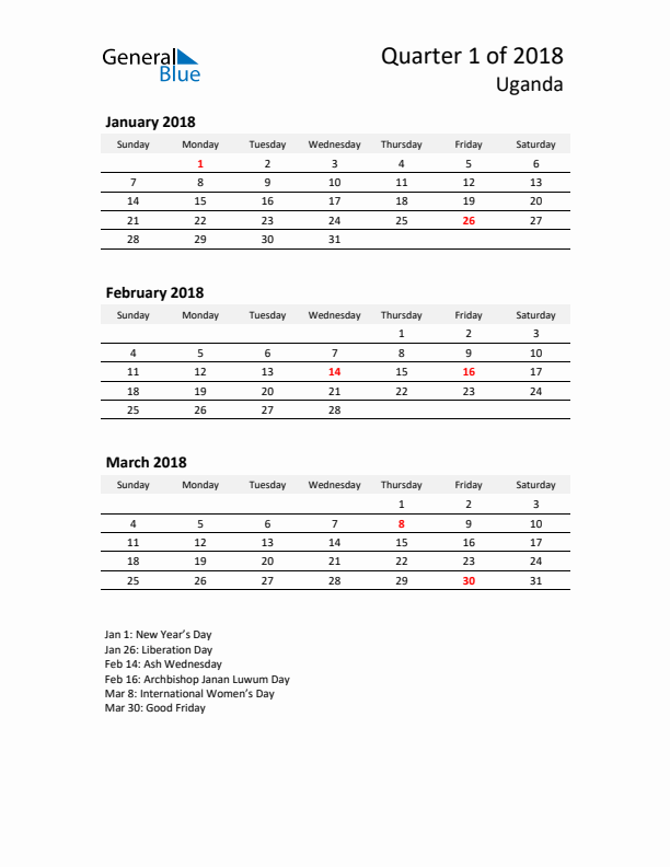 2018 Q1 Three-Month Calendar for Uganda