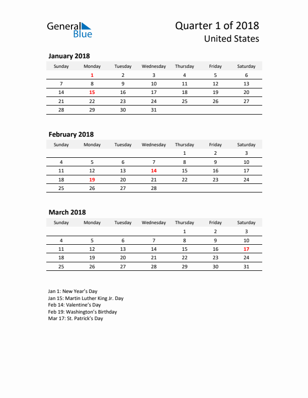 2018 Q1 Three-Month Calendar for United States