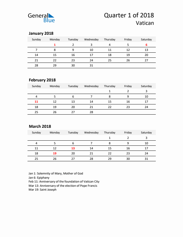 2018 Q1 Three-Month Calendar for Vatican