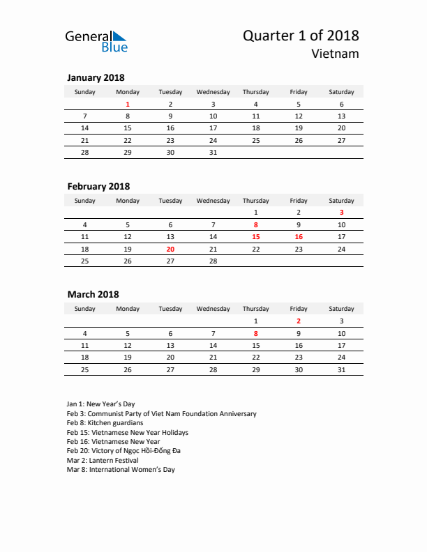 2018 Q1 Three-Month Calendar for Vietnam