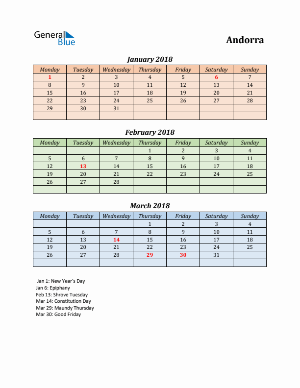 Q1 2018 Holiday Calendar - Andorra