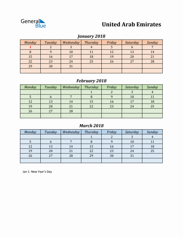 Q1 2018 Holiday Calendar - United Arab Emirates