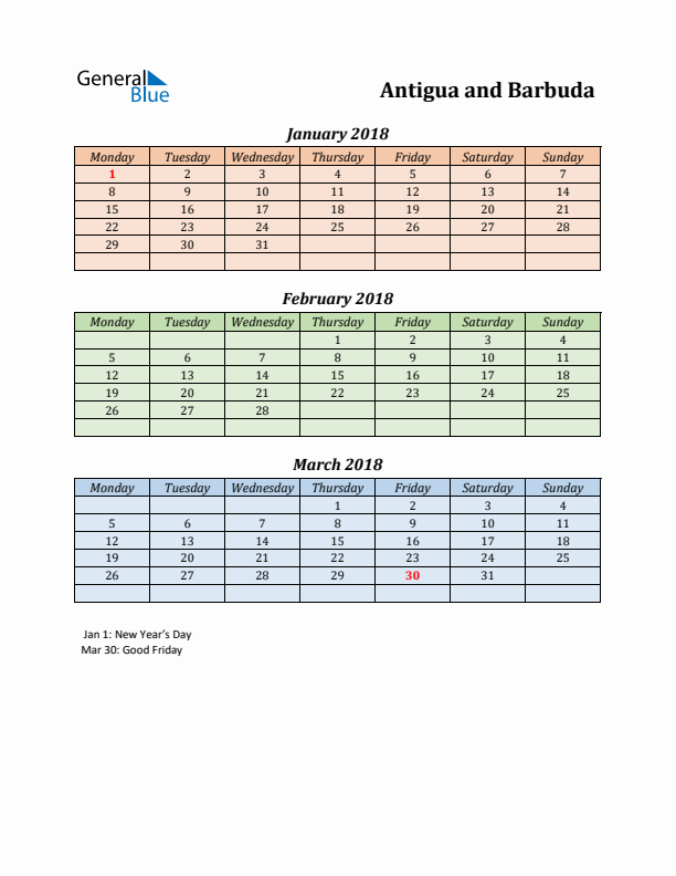 Q1 2018 Holiday Calendar - Antigua and Barbuda