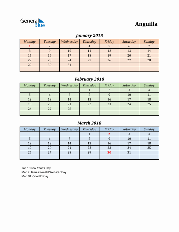 Q1 2018 Holiday Calendar - Anguilla