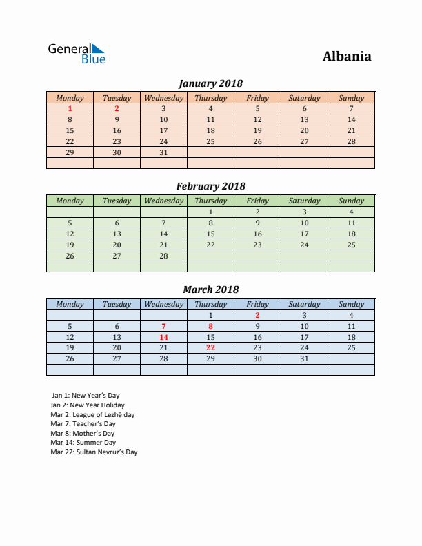 Q1 2018 Holiday Calendar - Albania