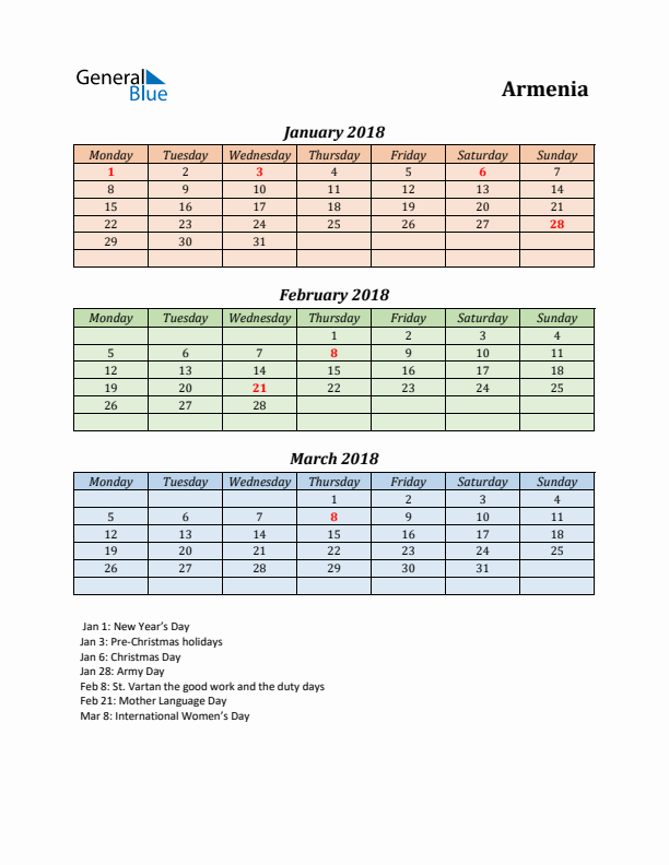 Q1 2018 Holiday Calendar - Armenia