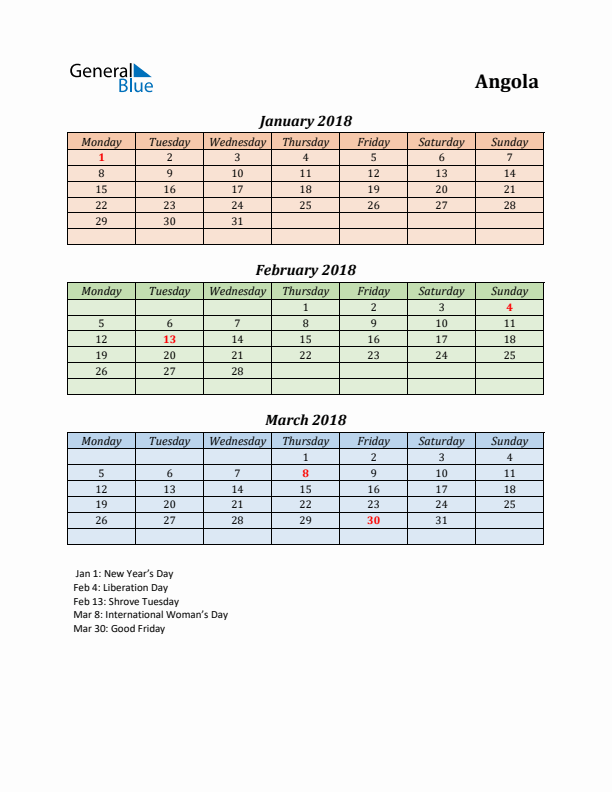 Q1 2018 Holiday Calendar - Angola