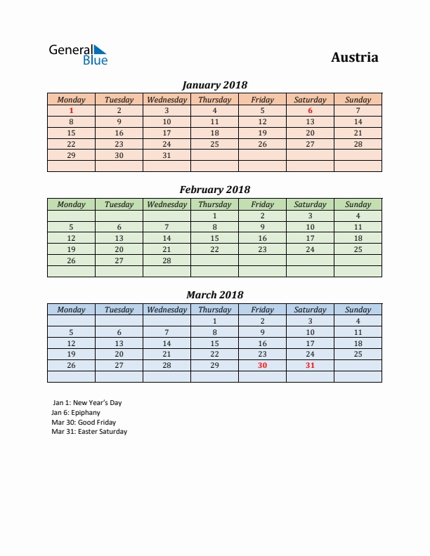 Q1 2018 Holiday Calendar - Austria