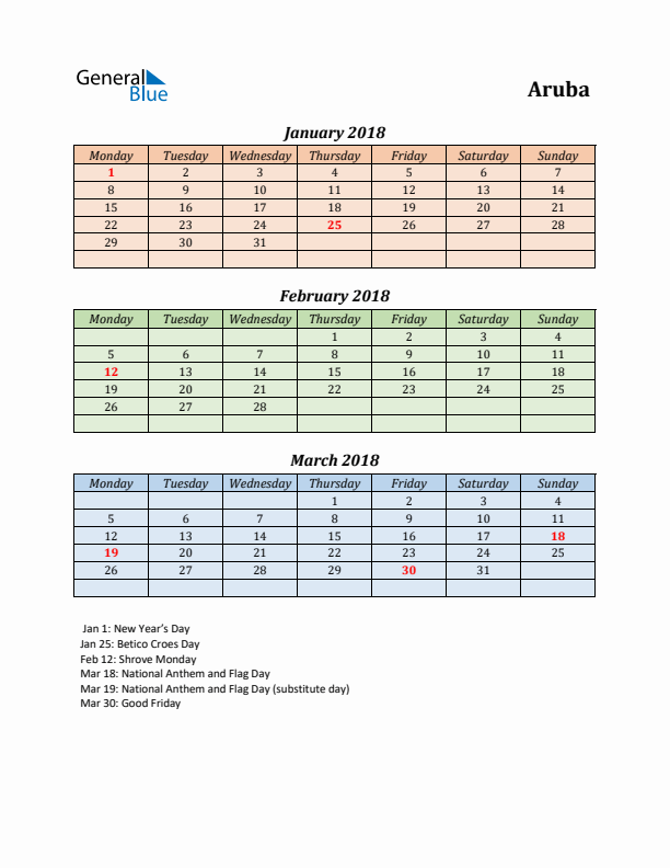 Q1 2018 Holiday Calendar - Aruba