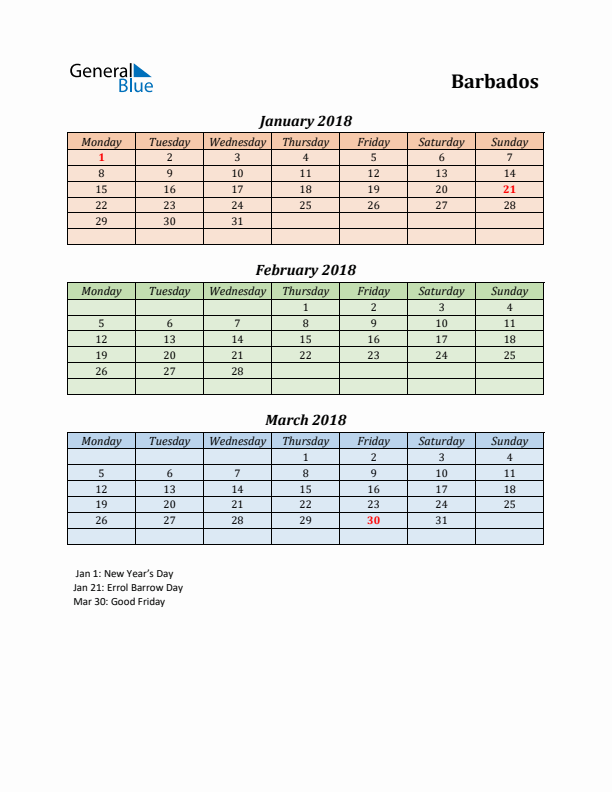 Q1 2018 Holiday Calendar - Barbados