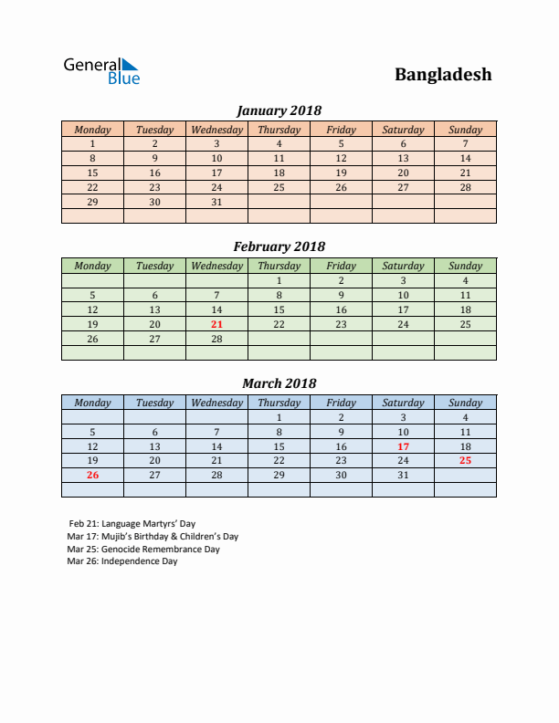 Q1 2018 Holiday Calendar - Bangladesh