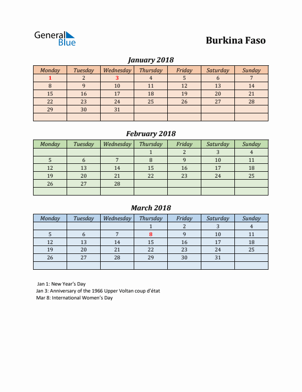 Q1 2018 Holiday Calendar - Burkina Faso