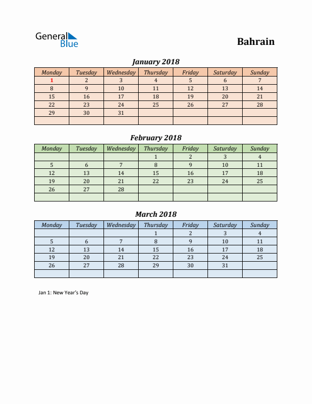 Q1 2018 Holiday Calendar - Bahrain