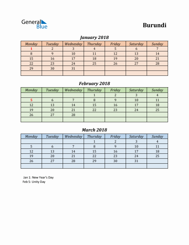 Q1 2018 Holiday Calendar - Burundi