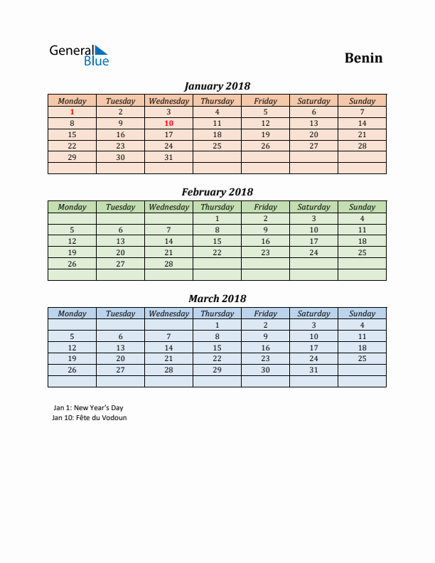 Q1 2018 Holiday Calendar - Benin