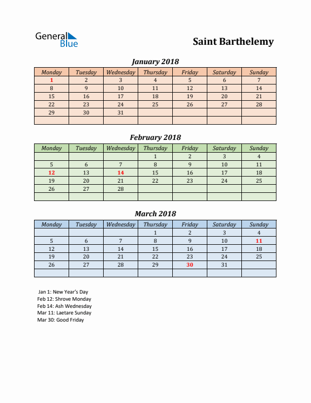 Q1 2018 Holiday Calendar - Saint Barthelemy