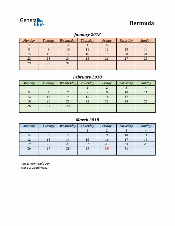 Q1 2018 Holiday Calendar - Bermuda