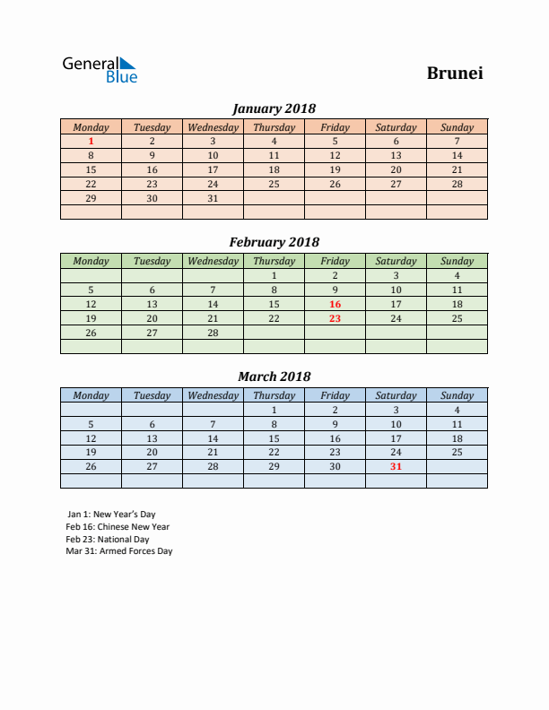 Q1 2018 Holiday Calendar - Brunei