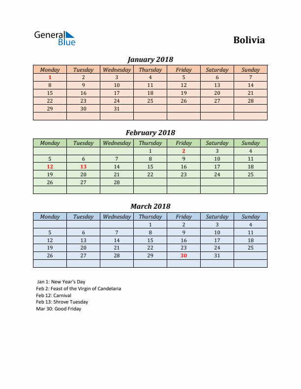 Q1 2018 Holiday Calendar - Bolivia