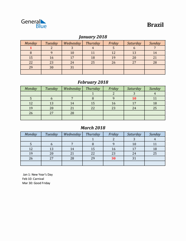 Q1 2018 Holiday Calendar - Brazil