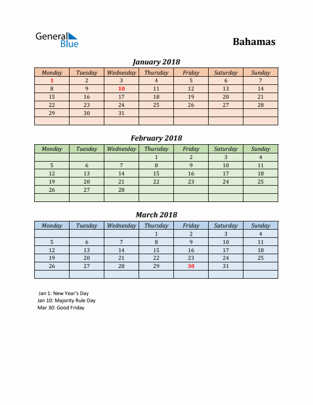 Q1 2018 Holiday Calendar - Bahamas