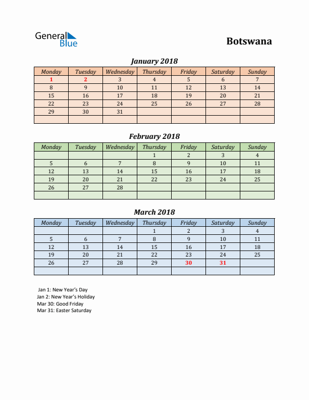 Q1 2018 Holiday Calendar - Botswana