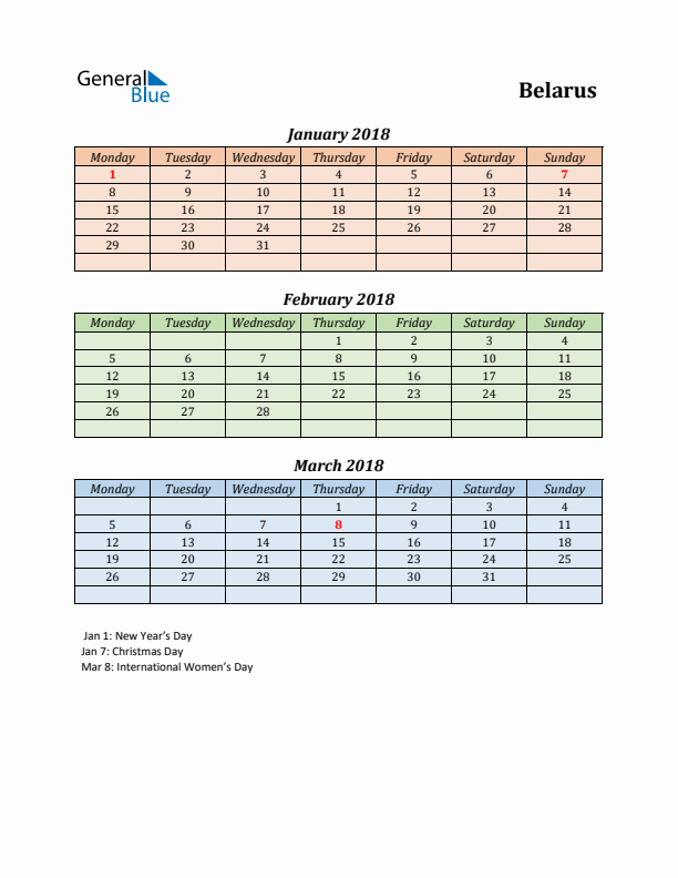 Q1 2018 Holiday Calendar - Belarus