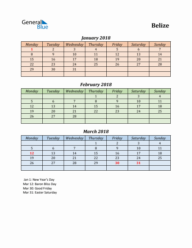 Q1 2018 Holiday Calendar - Belize