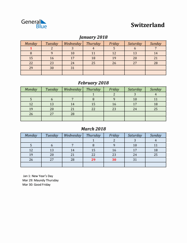 Q1 2018 Holiday Calendar - Switzerland