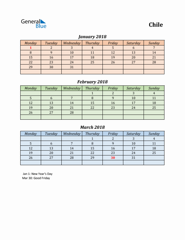 Q1 2018 Holiday Calendar - Chile