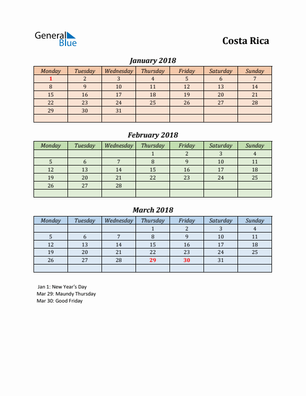 Q1 2018 Holiday Calendar - Costa Rica