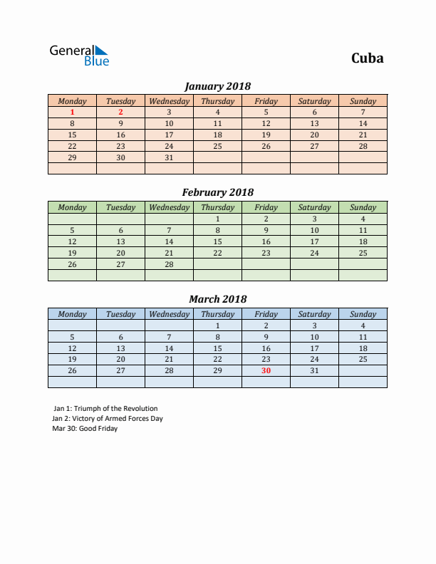 Q1 2018 Holiday Calendar - Cuba