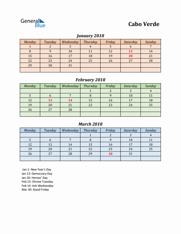 Q1 2018 Holiday Calendar - Cabo Verde